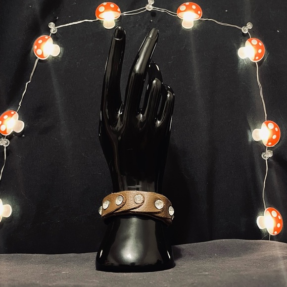 Rhinestone Studded Brown Leather Bracelet - Picture 1 of 8